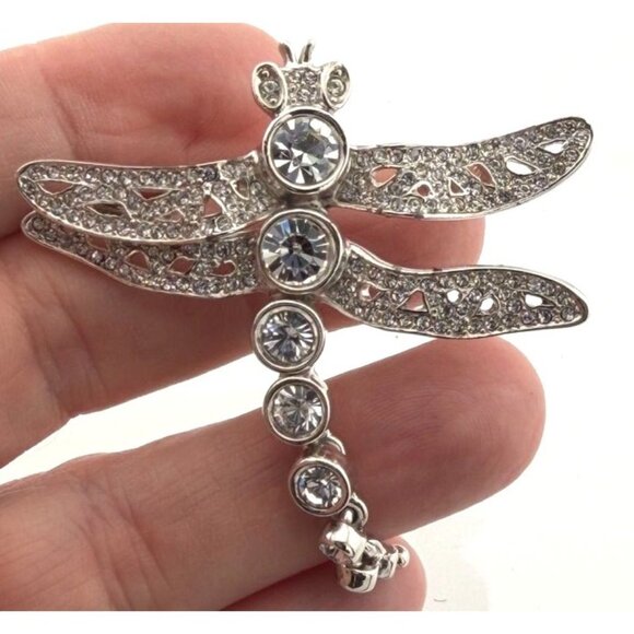 Vintage Christian Dior Dragonfly Brooch Clear Rhinestones Articulated Tail